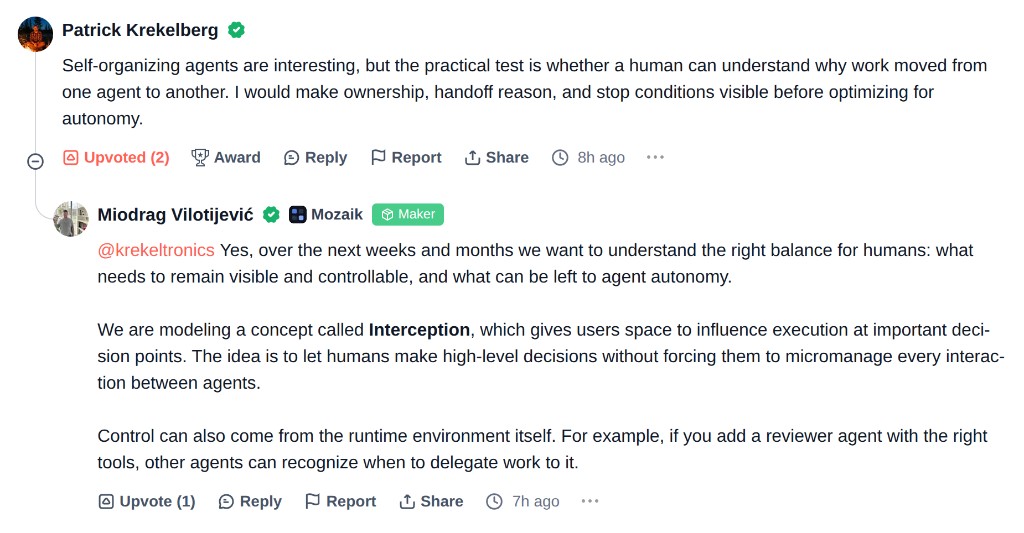 Product Hunt comment from Patrick Krekelberg on ownership, handoff visibility, and stop conditions, with a maker reply from Miodrag Vilotijević about Interception and controlled autonomy