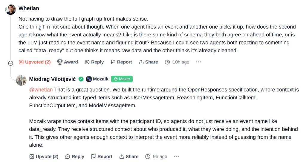 Product Hunt comment from Whetlan asking how agents interpret events like data_ready, with a maker reply from Miodrag Vilotijević about OpenResponses and structured context items