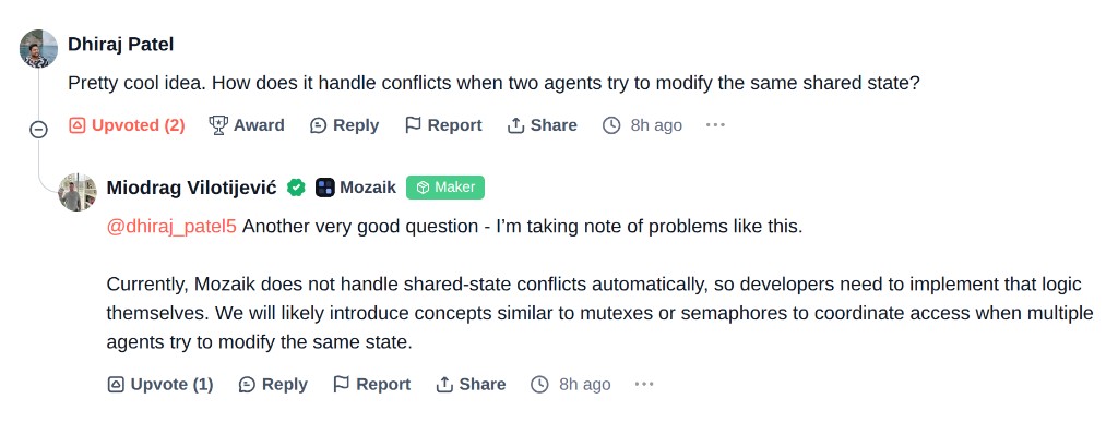 Product Hunt comment from Dhiraj Patel asking how Mozaik handles conflicts when two agents modify the same shared state, with a maker reply from Miodrag Vilotijević